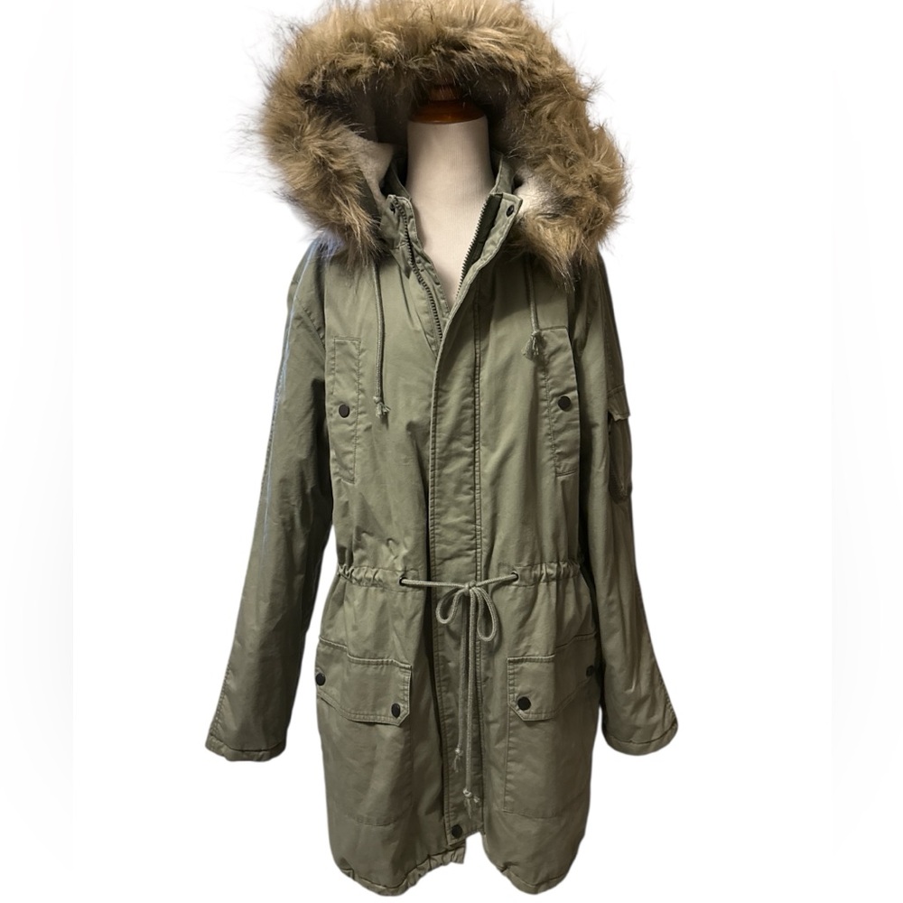 Women's Olive Parka with Faux Fur Hood